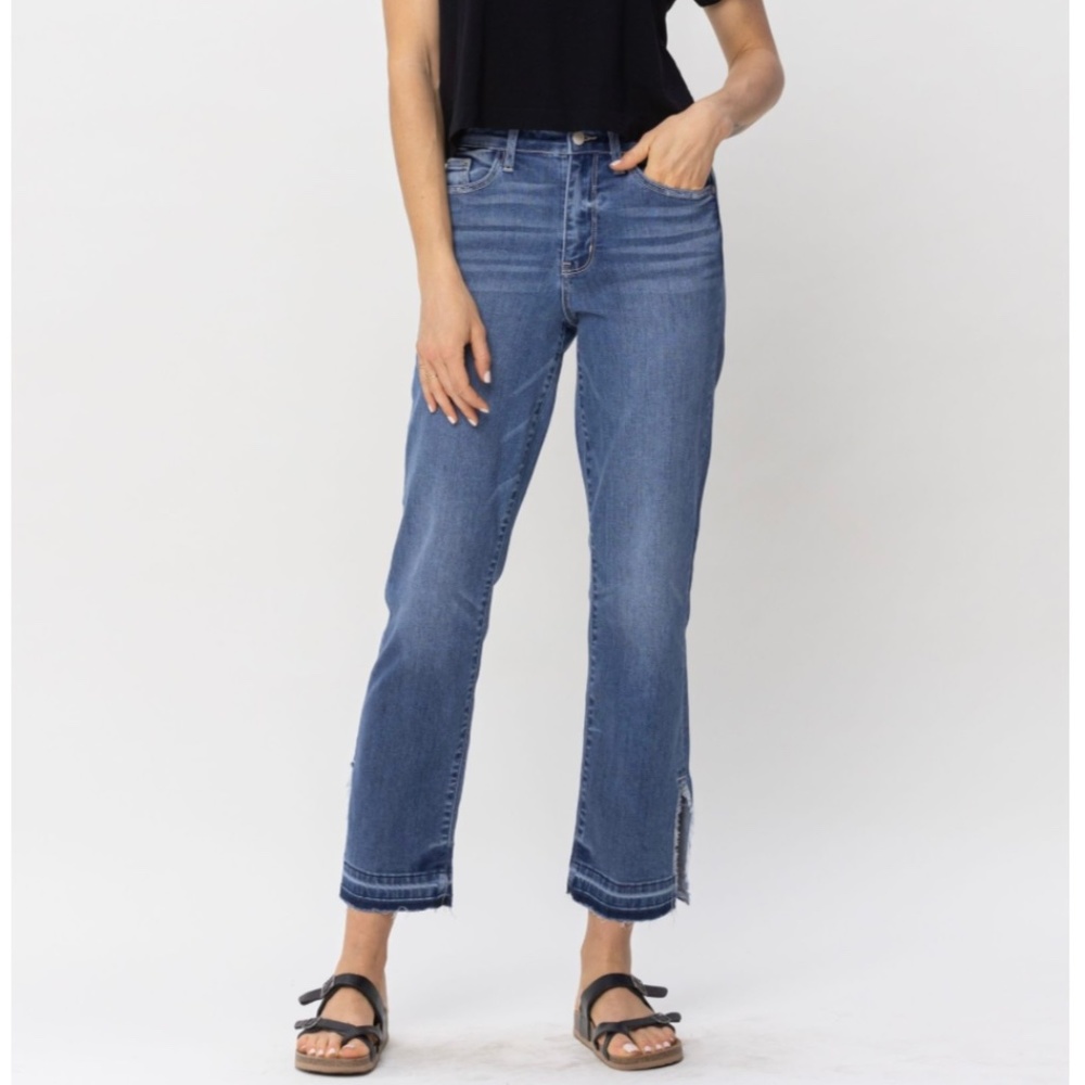 JUDY BLUE HIGH WAIST FRAY SLIT RELEASE HEM STRAIGHT JEANS